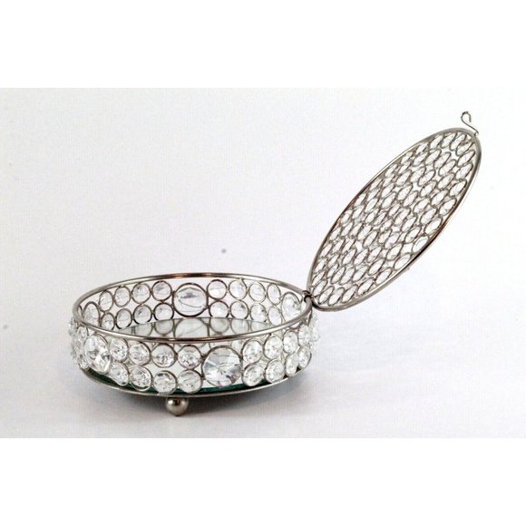 Crystal Trinket Round Organizer Mirrored Jewelry Chrome Accents Keepsake Chest - Picture 5 of 8